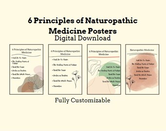 May include: Set of four printable posters with a minimalist design featuring abstract shapes and floral elements. The posters are titled "6 Principles of Naturopathic Medicine" and list the six principles of naturopathic medicine.