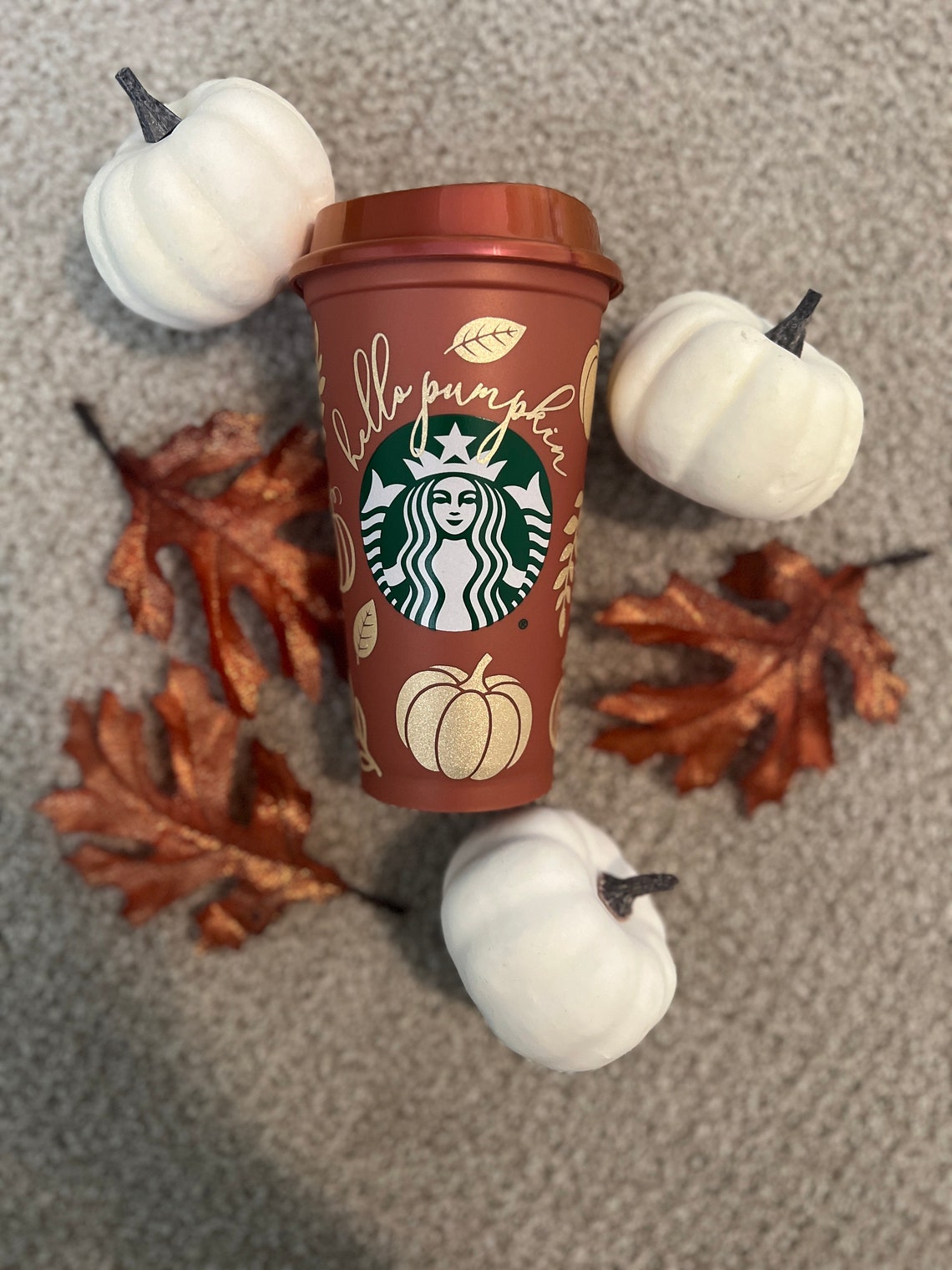 Fall Starbucks Reusable Hot Cup, Fall Coffee Cup, Hello Pumpkin, Gold