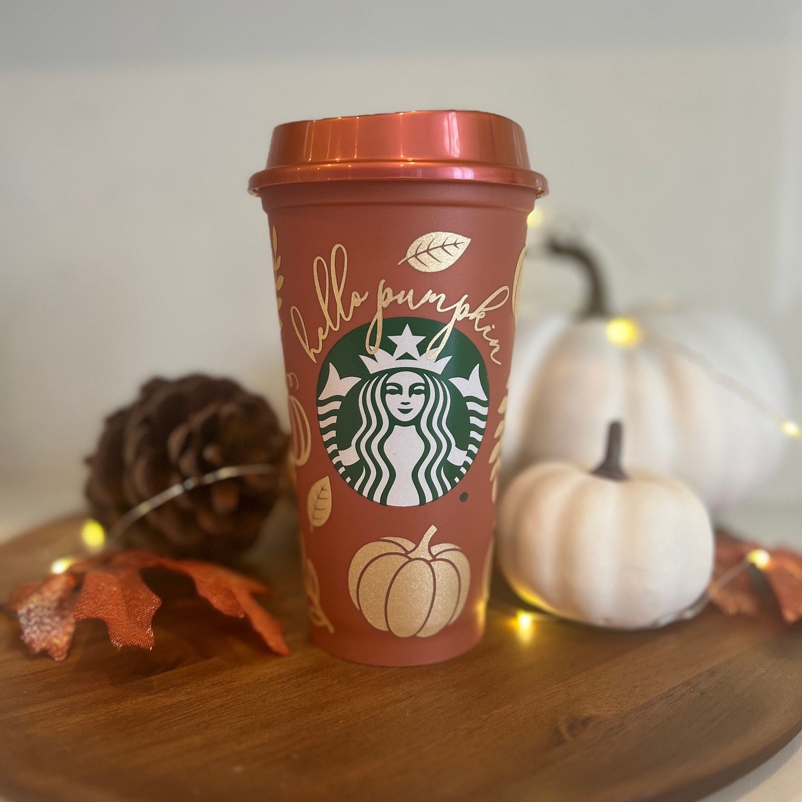 Fall Starbucks Reusable Hot Cup, Fall Coffee Cup, Hello Pumpkin, Gold