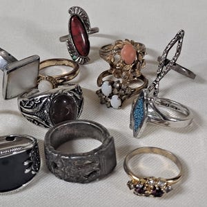 May include: A collection of ten assorted rings featuring various designs, including a black stone ring, a square white stone ring, a red oval stone ring, a textured silver band, a gold-tone ring with small clear stones, and a blue inlay ring.