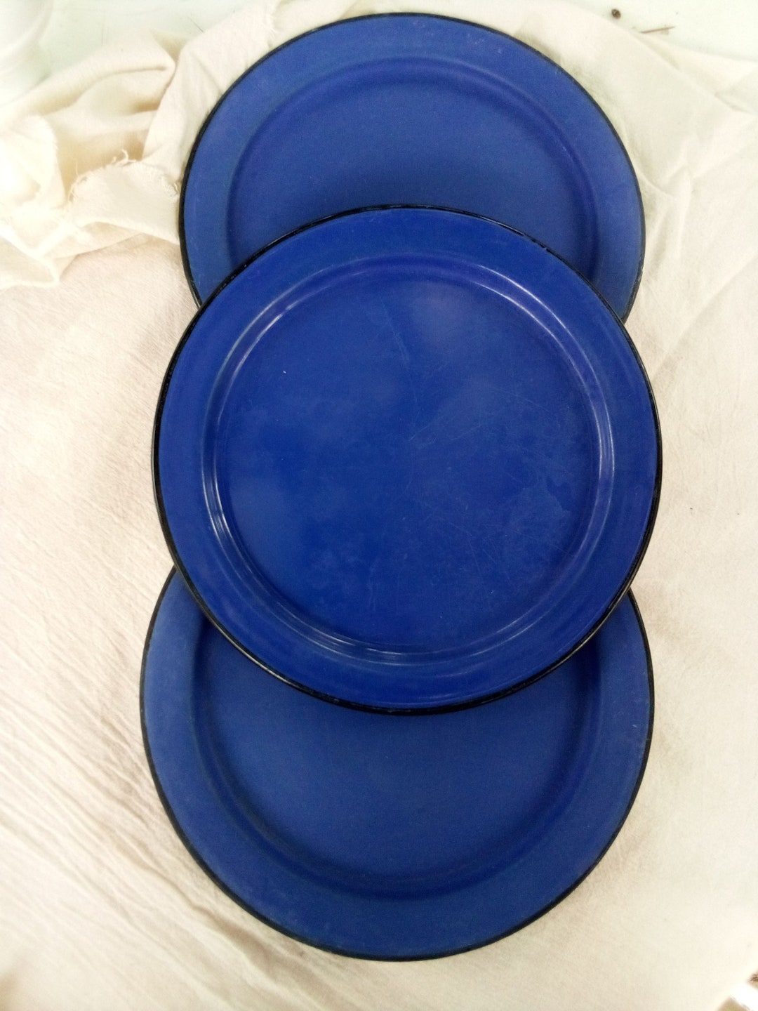 Three Blue Enamel Dinner Plates Made in Japan. Etsy