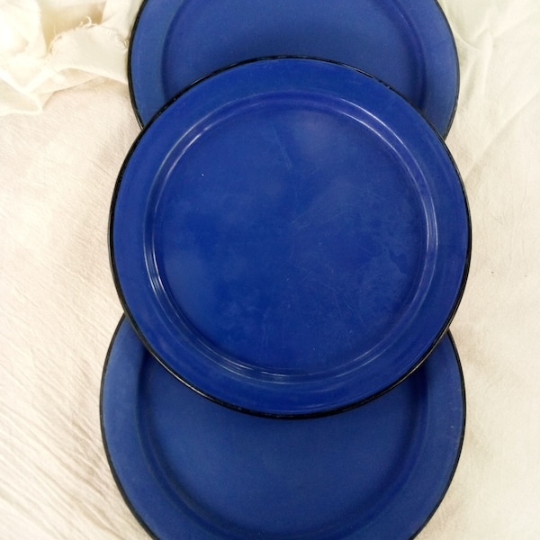 Three Blue enamel dinner plates made in Japan.