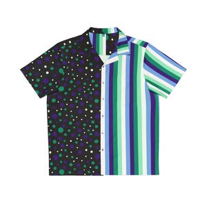 May include: A short-sleeved button-up shirt with a black and white polka dot pattern on one side and a blue, green, and white striped pattern on the other side.