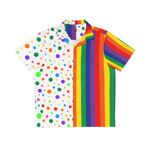 May include: A short-sleeved button-up shirt with a white background and a colorful polka dot pattern on the left side. The right side of the shirt features a rainbow striped pattern.