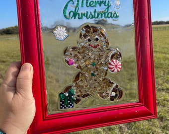 Gingerbread, Holiday glass art, framed Christmas art, Gingerbread glass art, gift for mother, sister, grandmother, friend, Gingerbread art