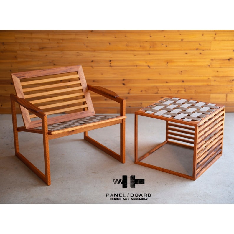 Mid Century Outdoor Lounge Chair Minimalist Adirondack Chair and Ottoman Handmade with Woven Suspension image 2