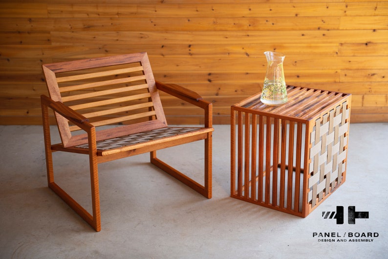 Mid Century Outdoor Lounge Chair Minimalist Adirondack Chair and Ottoman Handmade with Woven Suspension Bild 1