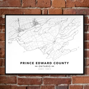 Carte du comté de Prince Edward, Ontario | | noir et blanc Impression d’affiches horizontales
