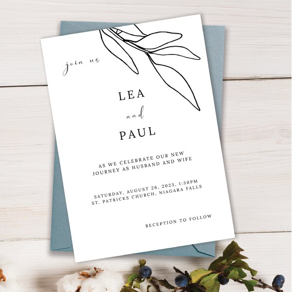 Minimalist Wedding Invite, Botanical Wedding Invite, Floral Wedding Suite, Edit in Templett, DIY Wedding Templates, Design Wedding Invite