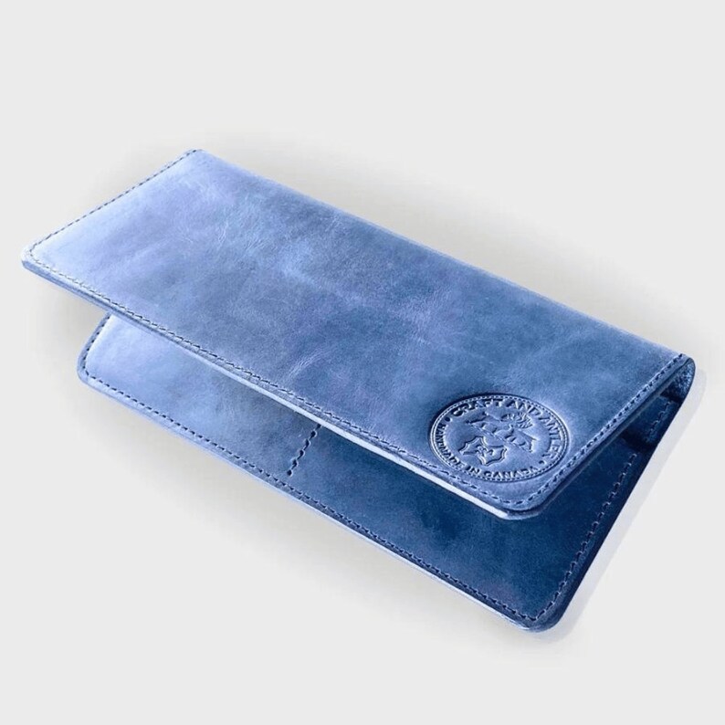 Cartera de cuero larga Plus+, cartera para chaqueta, regalo, cartera para él, cartera para ella, carteras para hombre y mujer, cuero de plena flor, premium Azul
