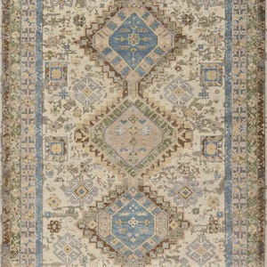 Hand-Knotted Wool Oushak Rug: Beige, Blue, and Brown Oriental Carpet