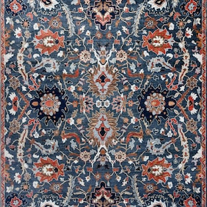Blue Oushak Hand-Knotted Wool Rug: 8x10 Vintage Persian Style