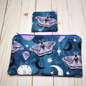 Witchy Gothic Zipper Pouch Coin Purse Gift Set With Luna Moths, Crystals and Moons