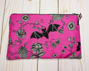 Gothic Pink Bats and Flowers Zipper Pouch With Matching Zipper Charm