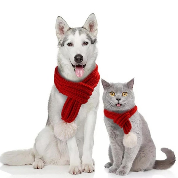Christmas Dog/Cat Scarf With Pom Pom, Holiday Dog Scarf, Dog Lover Gift, Red Christmas Dog Scarf, Dog/Cat Scarf