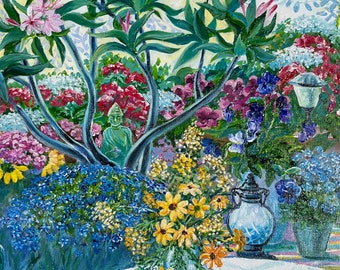 May include: A still life painting featuring a white table with a vase of yellow flowers, two red apples, and three red cherries. The table is set against a backdrop of a lush garden with a variety of flowers and greenery, including a small statue of Buddha.