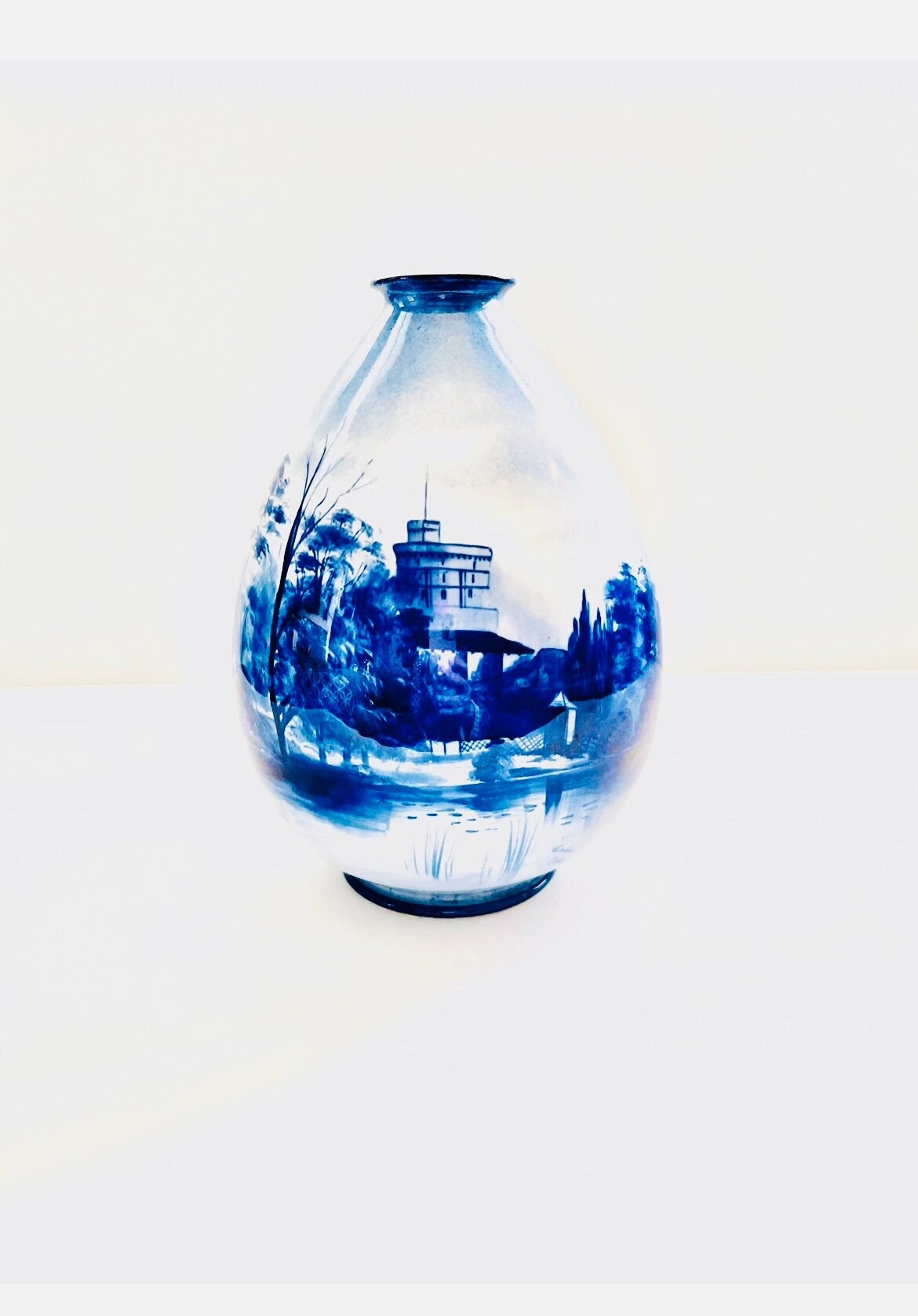 ANTIQUE ROYAL DOULTON - Burslem Transferware White and Blue Vase Depicting Windsor Castle in the Late 1800's to Early 1900's