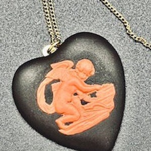 Rare Vintage Wedgwood Black Basalt Heart Pendant  with Terracotta Cherub and Gold Filled Chain