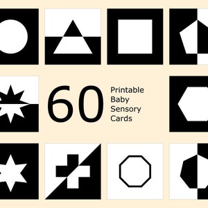 60 cartões flash de download digital geométrico preto e branco de alto contraste Montessori para o desenvolvimento sensorial do bebê