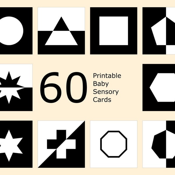 60 High-Contrast Black and White Geometric Montessori Digital Download Flash Cards for Baby Sensory Development