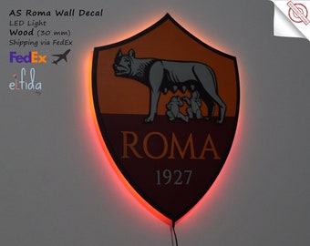 3D Roma team logo. Led Light, Wall art Roma. For wall AS Roma. Roma decor.Wooden Roma Sticker. Roma Sing, Roma wall art