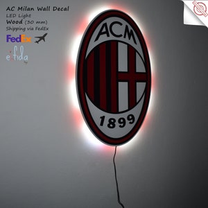 3D AC Milan team logo. Led Light, Wall art AC Milan. For wall AC Milan. Milan decor.Wooden Milan Logo Sticker. image 1