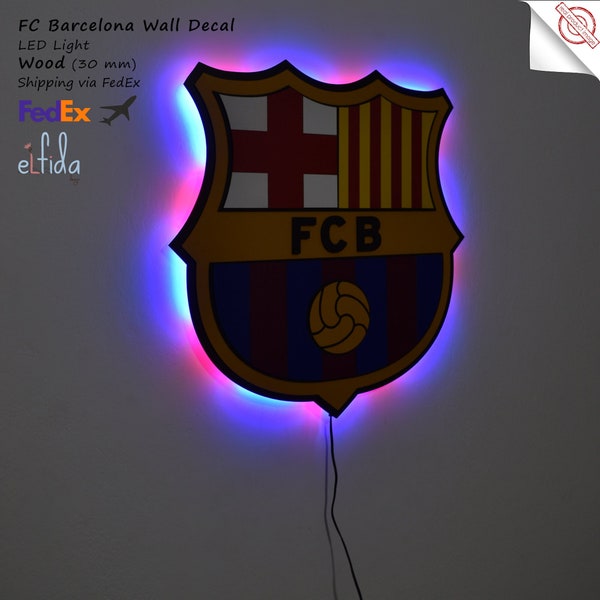 Logo 3D de l'équipe du FC Barcelone. Art mural lumineux à LED FC Barcelone. Décor de Barcelone. Autocollant en bois avec logo de Barcelone. Autocollant mural
