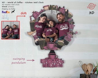 Coffee Pendulum Kitchen Wall Clock: Personalized Photo Wooden Clock