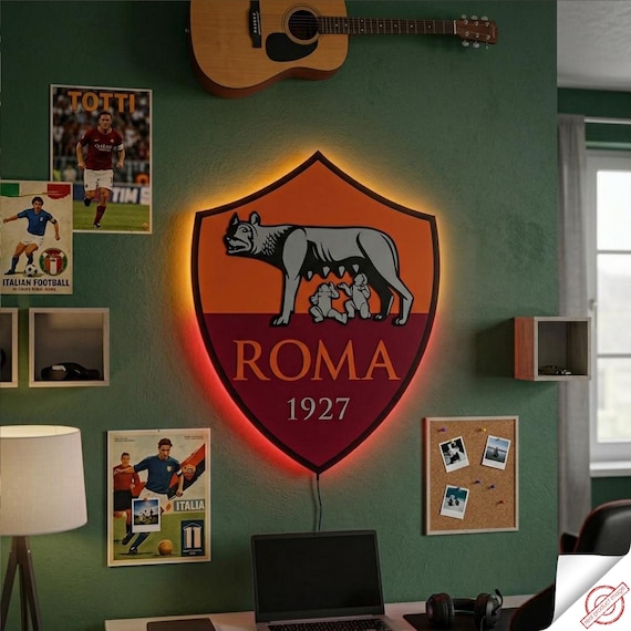 3D AS Roma LED Light Wooden Logo, Wooden Soccer Decor, (48x62cm