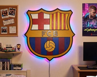 3D FC Barcelona LED Light Wooden Logo, Wooden Soccer Decor (50cmx50xm)