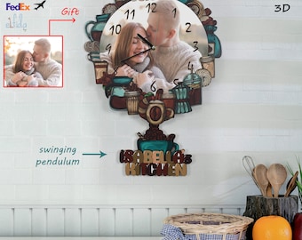 Personalized Pendulum Kitchen Wall Clock: Coffee Theme, Custom Photo