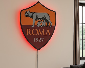 3D Roma team logo. Led Light, Wall art Roma. For wall AS Roma. Roma decor.Wooden Roma Sticker. Roma Sing, Roma wall art