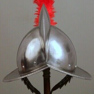 Spanish Hand-Forged Steel Morion, Medieval conquistador Helmet with red Plumb, Halloween gift. image 4