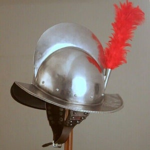 Spanish Hand-Forged Steel Morion, Medieval conquistador Helmet with red Plumb, Halloween gift. image 2