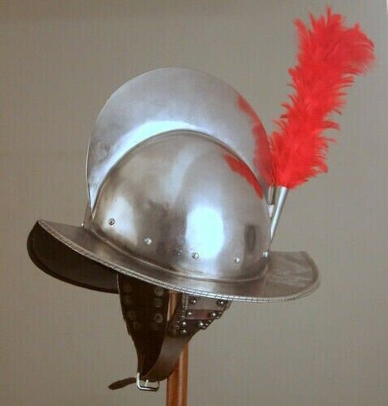 Spanish Hand-Forged Steel Morion, Medieval conquistador Helmet with red Plumb, Halloween gift. image 2