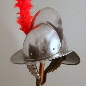 Spanish Hand-Forged Steel Morion, Medieval conquistador Helmet with red Plumb, Halloween gift. image 1