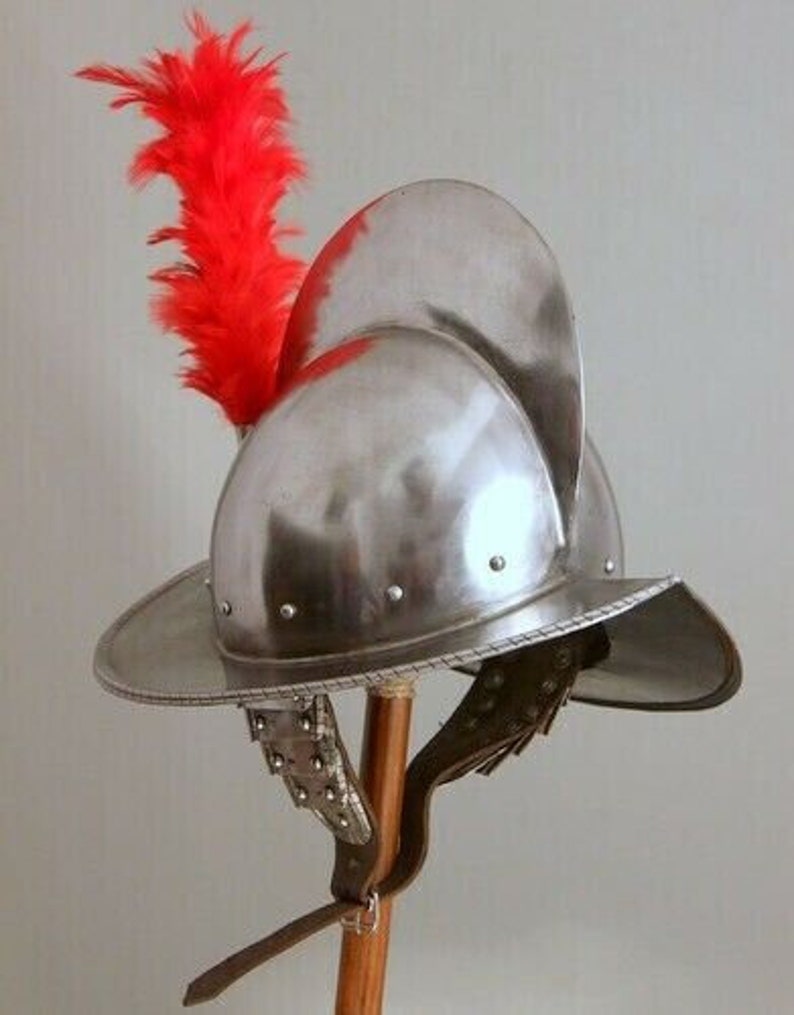 Spanish Hand-Forged Steel Morion, Medieval conquistador Helmet with red Plumb, Halloween gift. image 1
