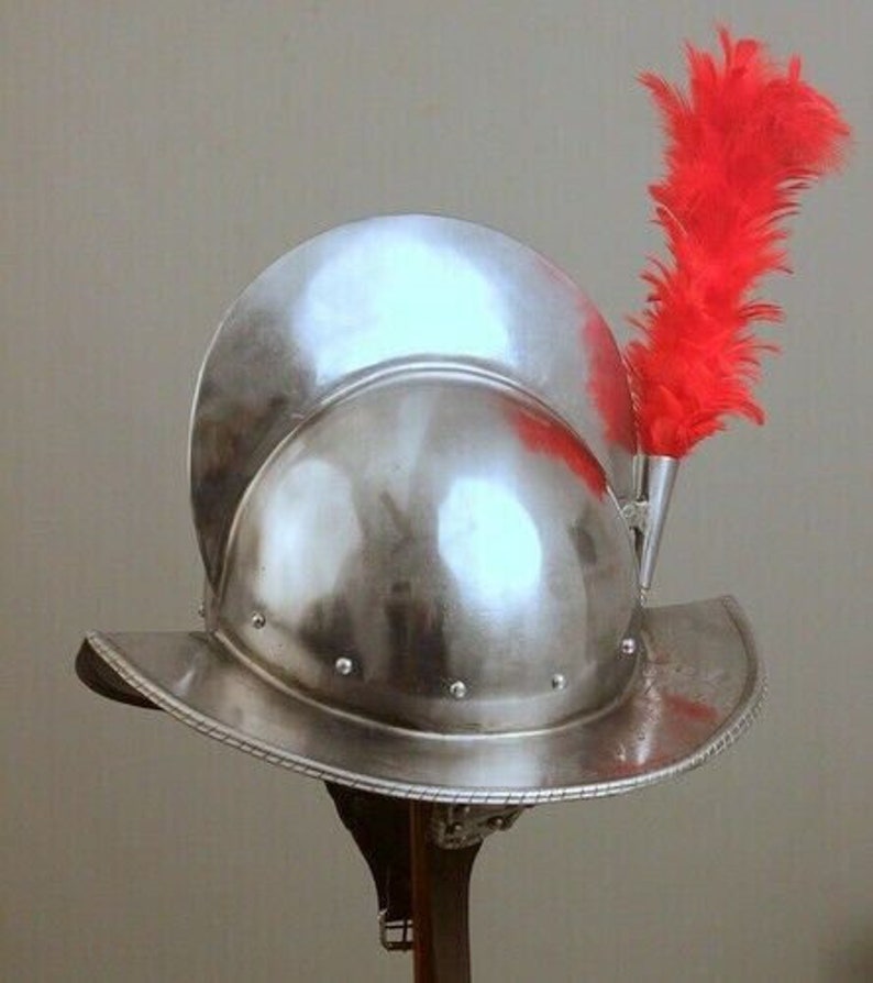 Spanish Hand-Forged Steel Morion, Medieval conquistador Helmet with red Plumb, Halloween gift. image 3