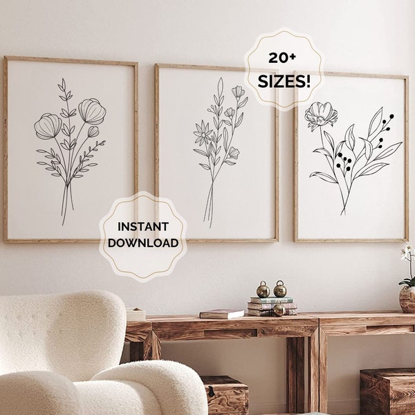 Flower Line art Prints, Set Of 6 Prints, Floral Print, Flower Wall Art, Minimal Floral Prints, Boho Art, Delicate art, Dorm Room Decor