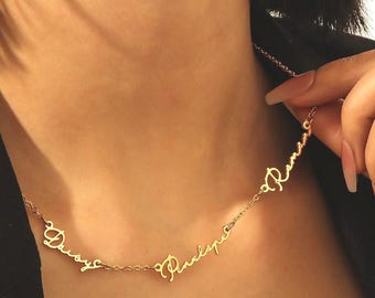 Collar con varios nombres, collar personalizado de oro de 18 quilates, collar con nombre personalizado, regalo para mamá, delicado collar de oro, collar familiar, regalo para ella