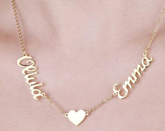 Collar personalizado con dos nombres escritos a mano, oro de 18 quilates, collar con nombre, joyería personalizada, regalo personalizado, baby shower, regalos para el Día de la Madre