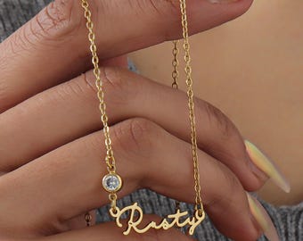 Collar con nombre personalizado de 18 quilates con piedra de nacimiento, collar con nombre minimalista personalizado, regalo de cumpleaños para ella, regalo de dama de honor, regalo de Navidad para mamá.