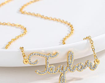 Collar con nombre de diamante, collar con nombre pavé personalizado, regalo personalizado perfecto para ella, regalo para mamá, collar con nombre chapado en oro de 18 quilates, collar para mamá,