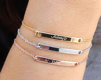 Pulsera de barra personalizada de plata de ley: nombre personalizado, coordenadas, placa de identificación personalizada, regalo para mamá, pulsera con nombre para niños