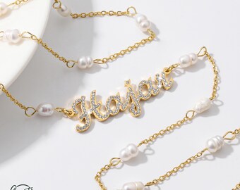 Collar de perlas de agua dulce, collar con nombre de cuentas, collar de oro delicado, collar de cadena de oro de 18 quilates, regalo para mamá, regalo de joyería personalizado,
