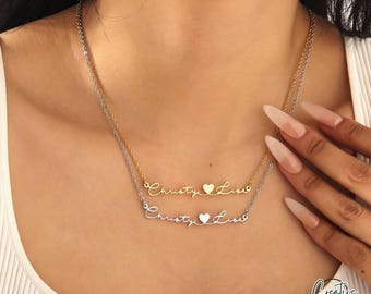 Collar con nombre personalizado, regalo para mamá, delicado collar de oro de 18 quilates, collar de corazón, regalo de aniversario de bodas, regalo para hermana.