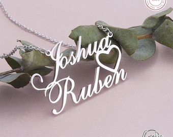 Collar de plata de ley con nombre de pareja y corazón, collar personalizado con dos nombres, collar personalizado con dos nombres, collar con dos nombres