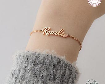 Pulsera personalizada con nombre en plata de ley para mujer, pulsera con nombre en oro, pulsera con placa de identificación, regalo para el Día de la Madre, pulsera con nombre para niños