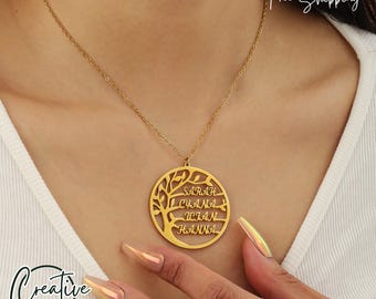 Collar de árbol genealógico, collar con nombre familiar personalizado, collar con nombre personalizado, regalo para mamá, collar con varios nombres, collar chapado en oro de 18 quilates.
