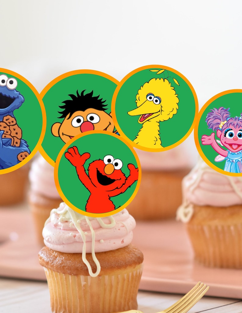 May include: Six cupcakes decorated with Sesame Street character toppers. The toppers are round and feature Elmo, Big Bird, Cookie Monster, Abby Cadabby, and Bert. The cupcakes have pink frosting and white drizzle.